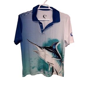 Wave Life Performance Polo Shirt Mens White W/ Blue White Stripe Medium